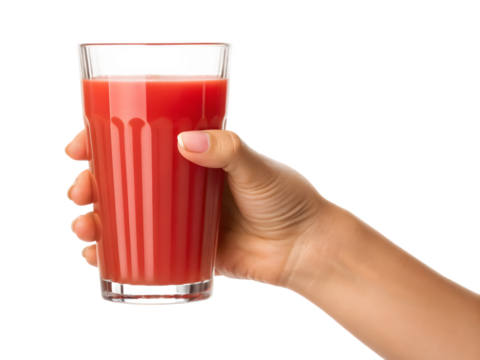 Hand holding glass of tomato juice isolated on transparent background studio shot