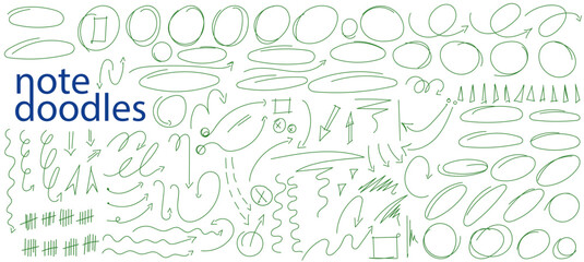 Hand drawn note Doodles, notebook vector shapes. Handmade for presentation notes underlines e emphasis line elements. Curves an checkbox, circles and arrows.