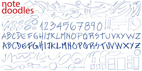 Hand drawn note Doodles, notebook vector shapes. Handmade for presentation notes underlines e emphasis line elements. Letters and numbers, circles and arrows