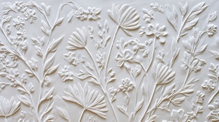 embossed bas-relief ceramic tiles, minimal ornate botanical flowers