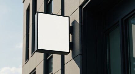 Blank, square sign mockup affixed to a gray, modern building exterior under sunlight
