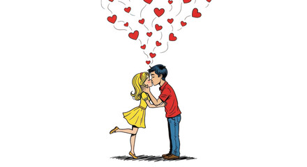 Couple kissing with hearts floating above isolated on transparent background