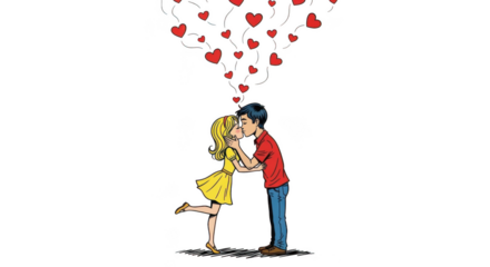 Couple kissing with hearts floating above isolated on transparent background