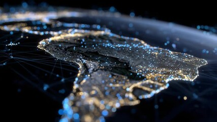 274Futuristic Latin America map with holographic overlays, bright data nodes, digital lines connecting countries and cities, cyber connectivity emphasized - Powered by Adobe