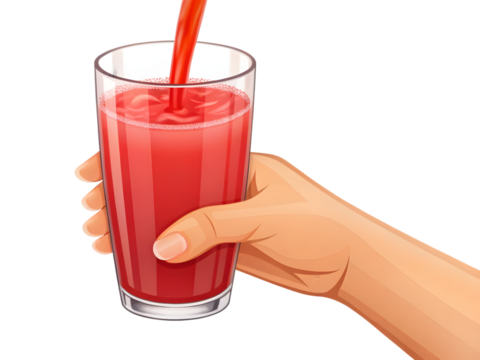 Hand holding a glass of fresh red juice isolated on transparent background