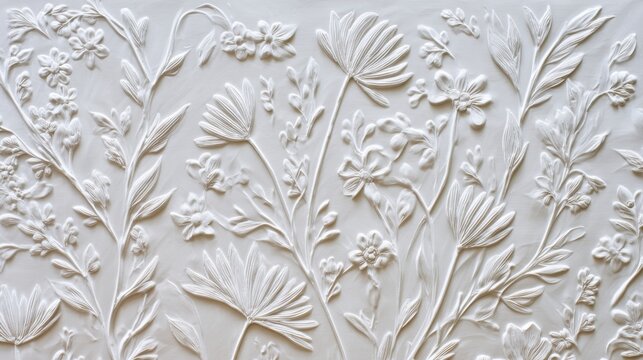 embossed bas-relief ceramic tiles, minimal ornate botanical flowers - Powered by Adobe