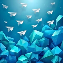 Paper airplanes soar above vibrant blue crystal formations, symbolizing freedom and innovation.