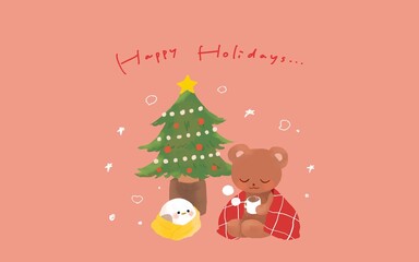 クリスマスツリーとシマエナガとくま