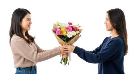 Woman giving flowers to another woman isolated on transparent background