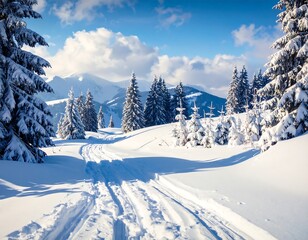A snowy scene with a path winding through frosted fir trees under a bright blue sky, mountains in the distance