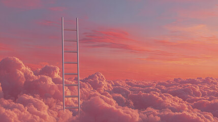 A surreal metal ladder ascending through fluffy pink clouds into a vibrant sunset sky symbolizing dreams, hope, and limitless possibilities above the horizon