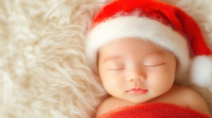 Cute baby sleeping in a red Santa hat on fluffy white blanket