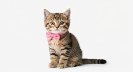 Obraz premium Brown tabby kitten with pink bow tie, sitting centered on a white background