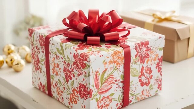 A beautifully wrapped gift box with floral patterns and a red ribbon sits on a table. Soft lighting enhances the festive atmosphere.