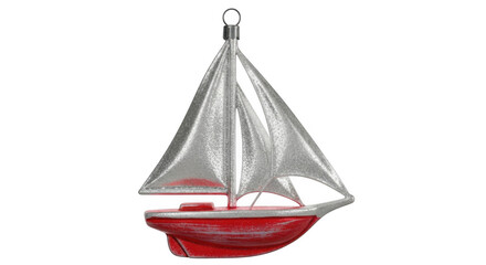 Red and silver sailboat ornament isolated on transparent background