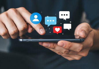 Person using smartphone with social media icons and chat bubbles floating