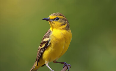 Obraz premium Close view of male yellowhammer bird. Ornithology concept. Songbird sits on branch in nature. Wildlife animal with yellow feather, beak. Small avian in spring. Garden background and perch in woods.