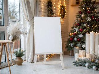 Blank Christmas Sign Mockup on Easel in Cozy Interior with Tree and Candles