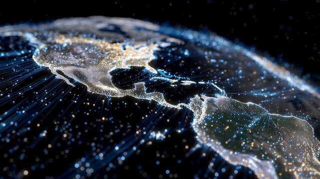 279Wide digital map panorama, Latin America highlighted with interactive cyber lines, holographic data points and connectivity streams