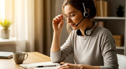 Young woman working remotely with headset and taking notes at home  