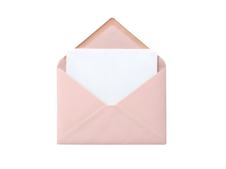 Open pink envelope with blank card isolated on transparent background