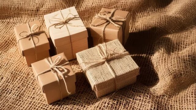 Five wrapped gift boxes in various sizes on a textured burlap background. The boxes are tied with twine, showcasing a rustic and natural aesthetic.