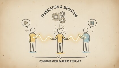 Two figures connected by a mediator, symbolizing translation and mediation overcoming communication barriers.