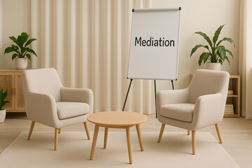Neutral-toned mediation room with chairs, table, plants, and a flip chart, fostering calm and professionalism.