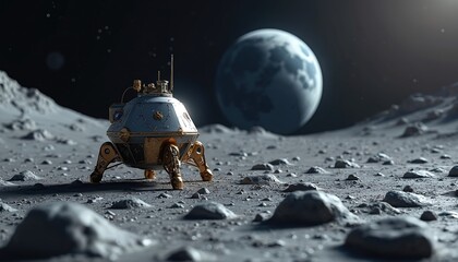Lunar lander sits on barren moon surface. Earth hangs in dark sky. Space mission vehicle awaits next command. Futuristic exploration of outer space.