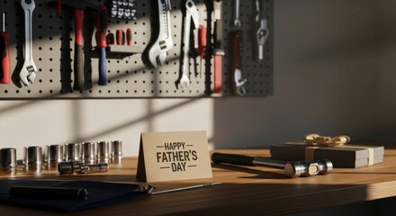 On a cluttered wood workbench beneath a pegboard of wrenches, pliers, and screwdrivers, a small card proclaims Happy Father's Day beside polished sockets, files, and a closed notebook. Nearby.