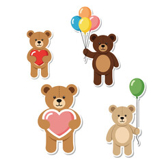 Fototapeta premium Four cartoon teddy bears holding balloons and hearts, isolated on a white background.