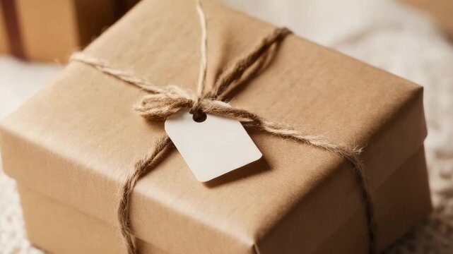 A small brown gift box wrapped in twine with a blank tag. The box is placed on a textured surface, suggesting a cozy, festive atmosphere.