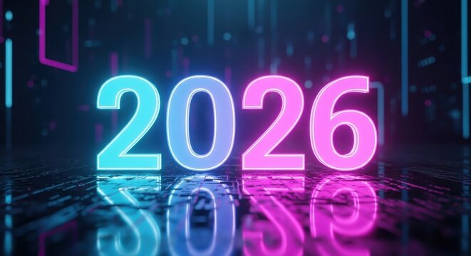 Glowing neon 2026 numbers reflecting on a futuristic dark surface