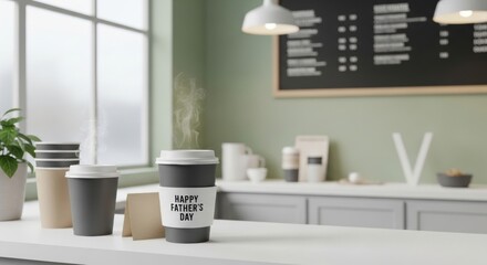 Sunlit cafe interior features a white counter, a takeaway coffee cup with a greeting, a steaming mug, a window, soft daylight, potted plants, and a chalkboard menu; calm, modern vibe with glow