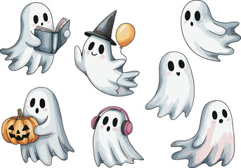 Cute watercolor ghost illustration set, adorable halloween spirit characters with pumpkin, hat, balloon, and book, pastel spooky artwork