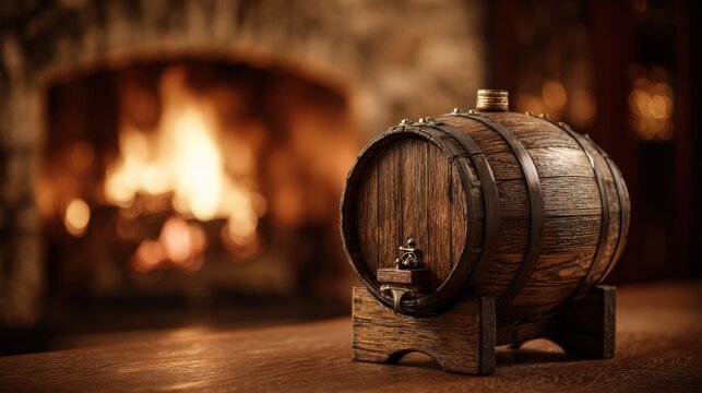 small rum barrel stands on the table against the background of the fireplace