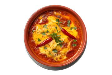 Delicious baked cheesy casserole with red chili peppers and fresh herbs isolated on transparent background