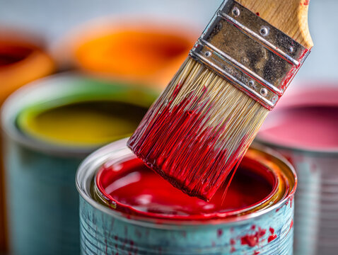 A paintbrush dipped in bright red paint over an open can surrounded by colorful paint containers ready for artistic home improvement projects
