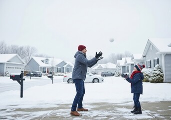 A parent and child joyfully play in the snow-covered driveway, tossing a snowball back and forth, surrounded by snow-draped houses and a wintery landscape under a gray sky