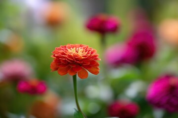 The bright zinnia serves as the focal point, highlighting the natural beauty of the petals, while the blurred background adds depth and focus to the subject.