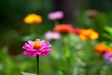 The bright zinnia serves as the focal point, highlighting the natural beauty of the petals, while the blurred background adds depth and focus to the subject.