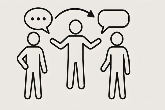 Illustration of communication and translation with three figures and speech bubbles.