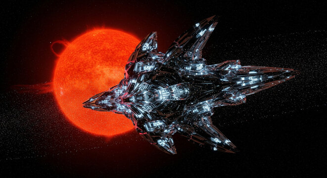 Massive Floating Light-Metal Structure near Dying Sun &ndash; Organic Mechanical Design with Glowing Patterns in Space. Solaris Drift