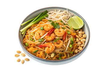 Delicious thai pad thai noodle dish with shrimp peanuts and lime isolated on transparent background