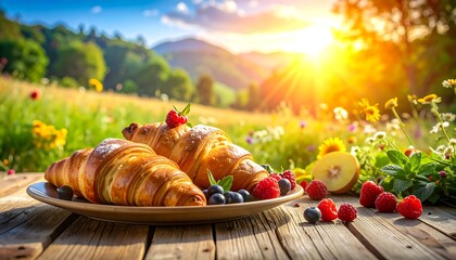 A sunlit, bucolic scene of a plate of croissants and berries on a wooden table. A field and mountains are in the background