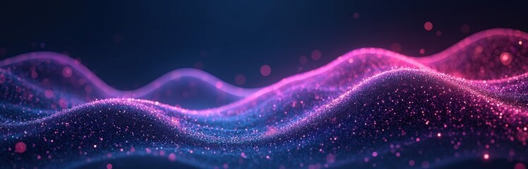 Abstract digital waves sparkle with pink and blue light. Futuristic particle flow creates a dynamic mesh background. This glowing network pulses with energy, ideal for tech themes.