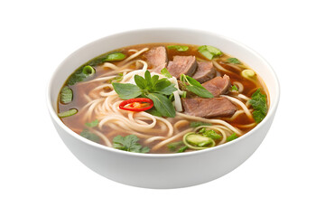Delicious vietnamese beef pho noodle soup with fresh herbs and sliced meat isolated on transparent background