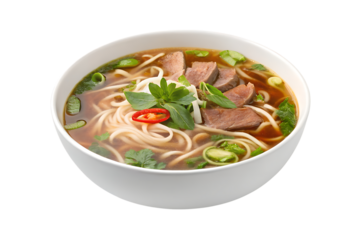 Delicious vietnamese beef pho noodle soup with fresh herbs and sliced meat isolated on transparent background