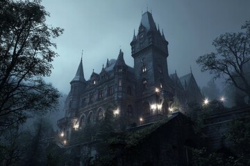 Fototapeta premium Eerie gothic castle shrouded in thick fog on a hauntingly dark night, evoking a sense of mystery