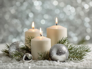 Three lit white candles surrounded by evergreen branches and silver festive ornaments on a snowy surface with a sparkling bokeh background for winter holiday decor